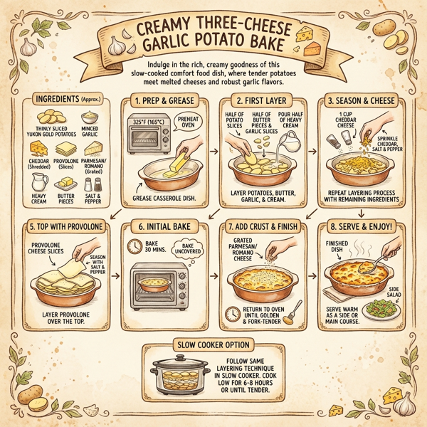 Creamy Three-Cheese Garlic Potato Bake instructions