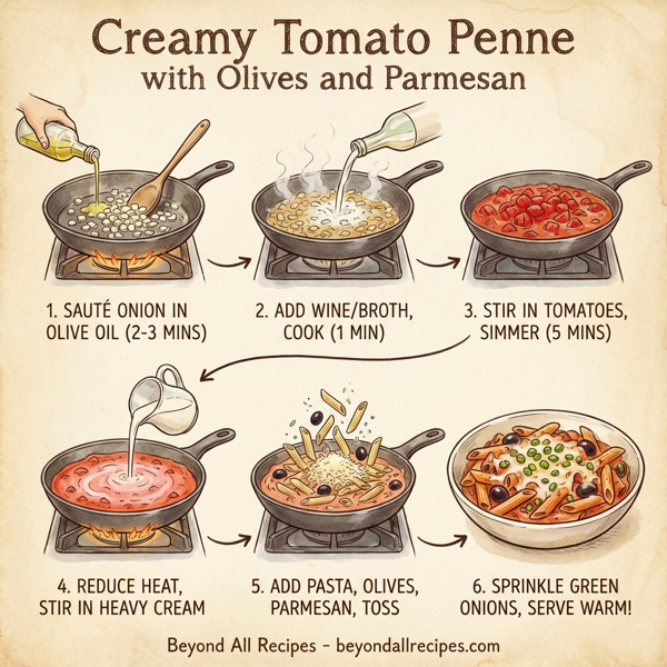 Creamy Tomato Penne with Olives and Parmesan instructions