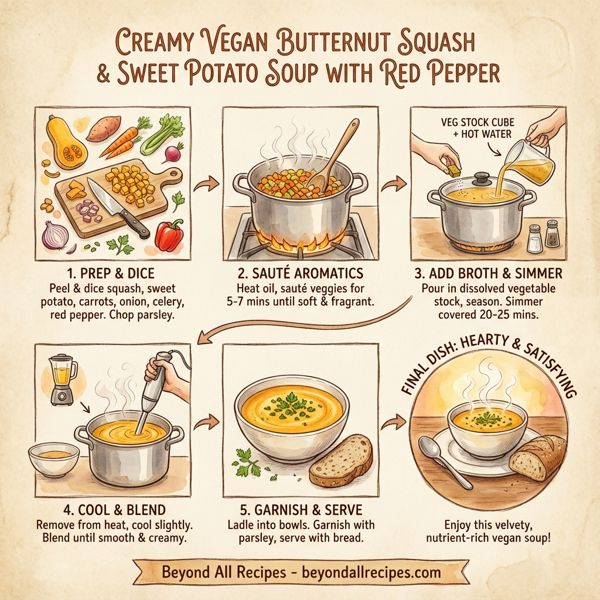 Creamy Vegan Butternut Squash & Sweet Potato Soup with Red Pepper instructions