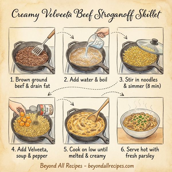 Creamy Velveeta Beef Stroganoff Skillet instructions
