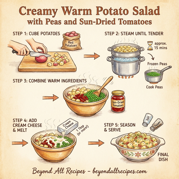Creamy Warm Potato Salad with Peas and Sun-Dried Tomatoes instructions