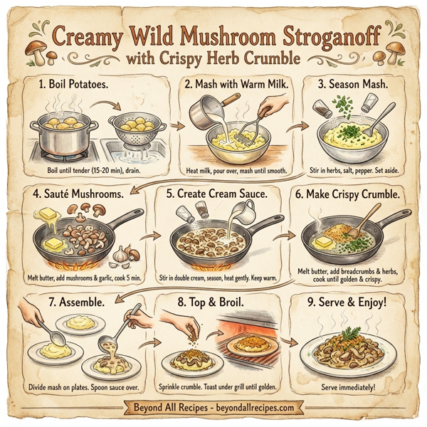 Creamy Wild Mushroom Stroganoff with Crispy Herb Crumble instructions