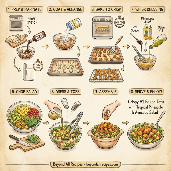 Crispy A1 Baked Tofu with Tropical Pineapple & Avocado Salad instructions