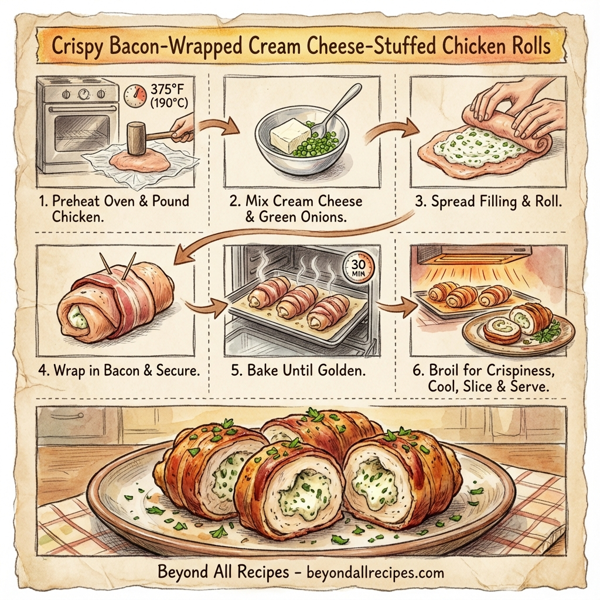 Crispy Bacon-Wrapped Cream Cheese-Stuffed Chicken Rolls instructions