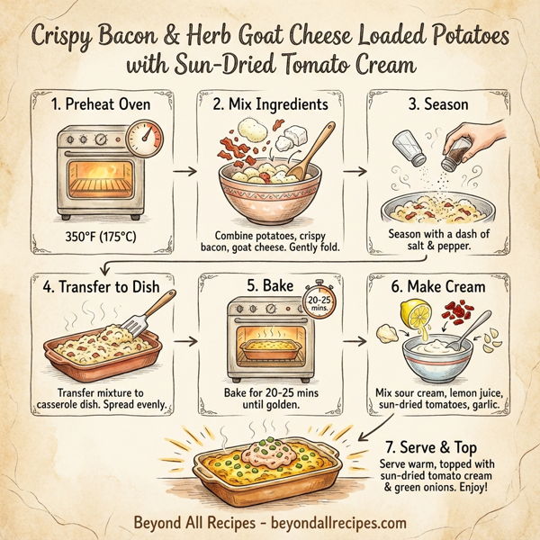 Crispy Bacon & Herb Goat Cheese Loaded Potatoes with Sun-Dried Tomato Cream instructions