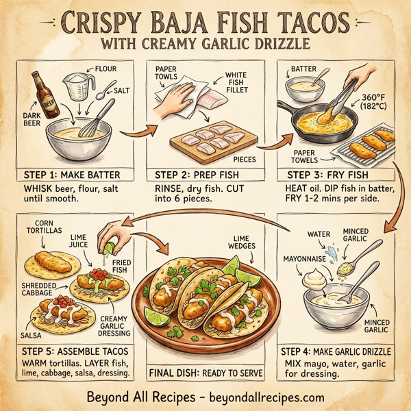 Crispy Baja Fish Tacos with Creamy Garlic Drizzle instructions