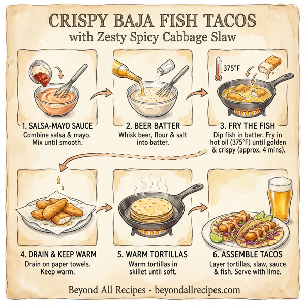 Crispy Baja Fish Tacos with Zesty Spicy Cabbage Slaw instructions