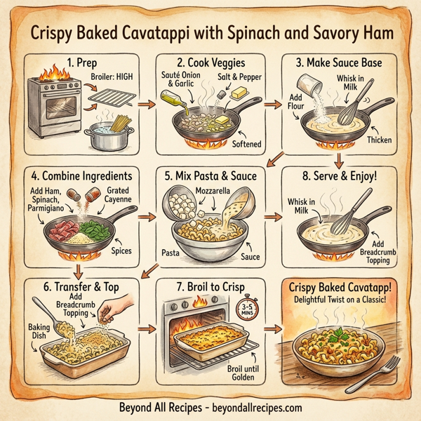 Crispy Baked Cavatappi with Spinach and Savory Ham instructions