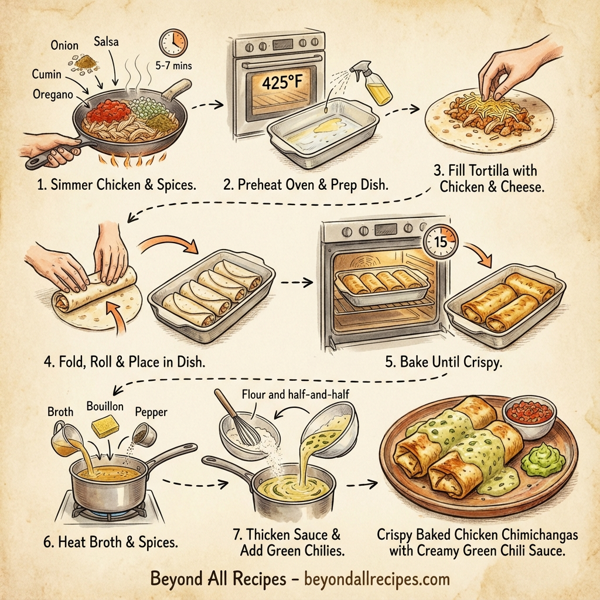 Crispy Baked Chicken Chimichangas with Creamy Green Chili Sauce instructions