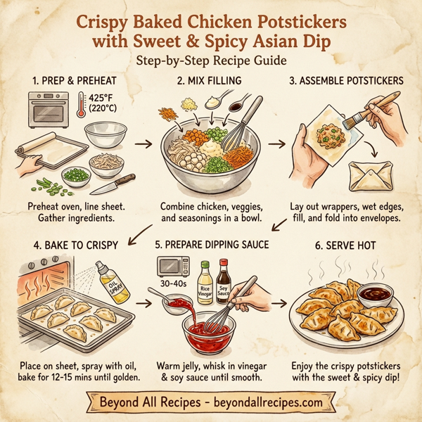 Crispy Baked Chicken Potstickers with Sweet & Spicy Asian Dip instructions