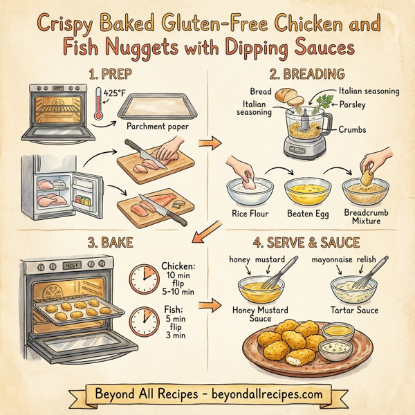 Crispy Baked Gluten-Free Chicken and Fish Nuggets with Dipping Sauces instructions