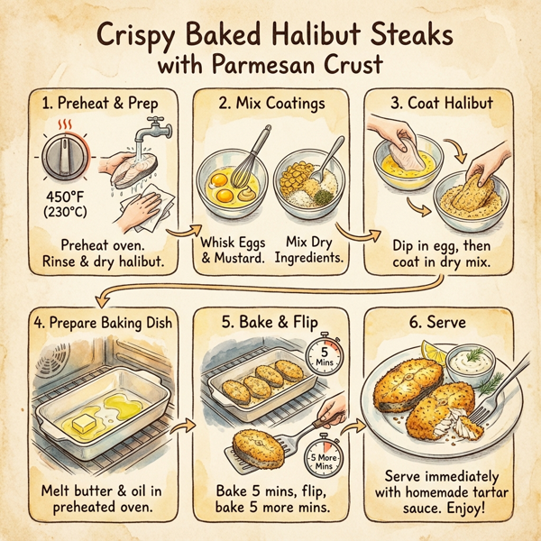Crispy Baked Halibut Steaks with Parmesan Crust instructions