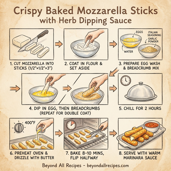 Crispy Baked Mozzarella Sticks with Herb Dipping Sauce instructions