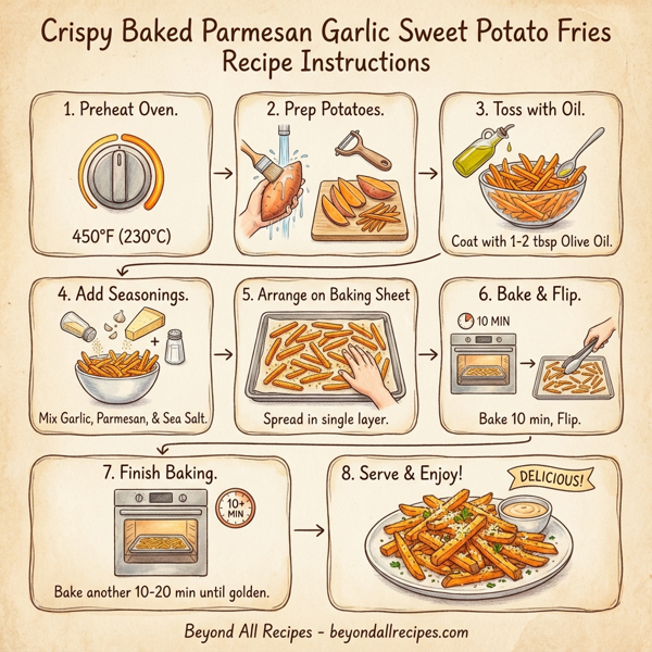 Crispy Baked Parmesan Garlic Sweet Potato Fries instructions