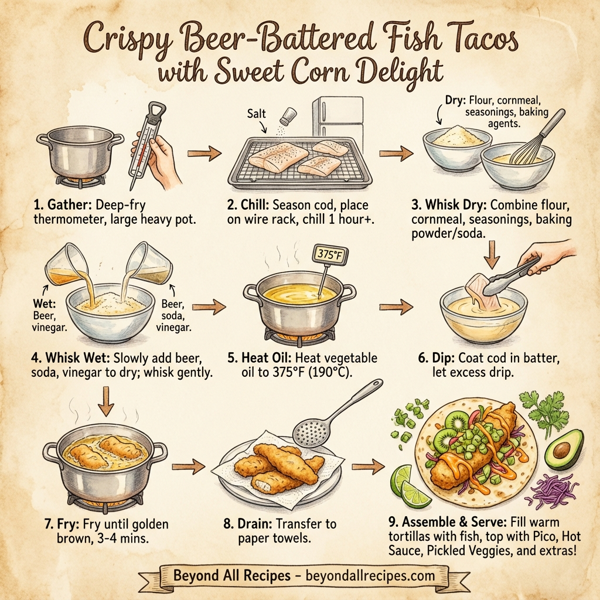 Crispy Beer-Battered Fish Tacos with Sweet Corn Delight instructions