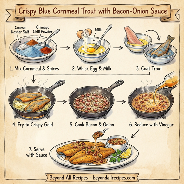 Crispy Blue Cornmeal Trout with Bacon-Onion Sauce instructions