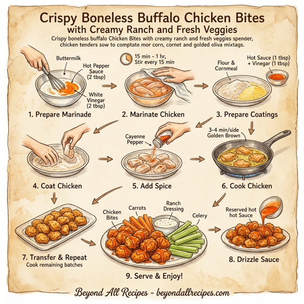 Crispy Boneless Buffalo Chicken Bites with Creamy Ranch and Fresh Veggies instructions