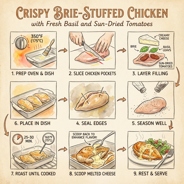 Crispy Brie-Stuffed Chicken with Fresh Basil and Sun-Dried Tomatoes instructions