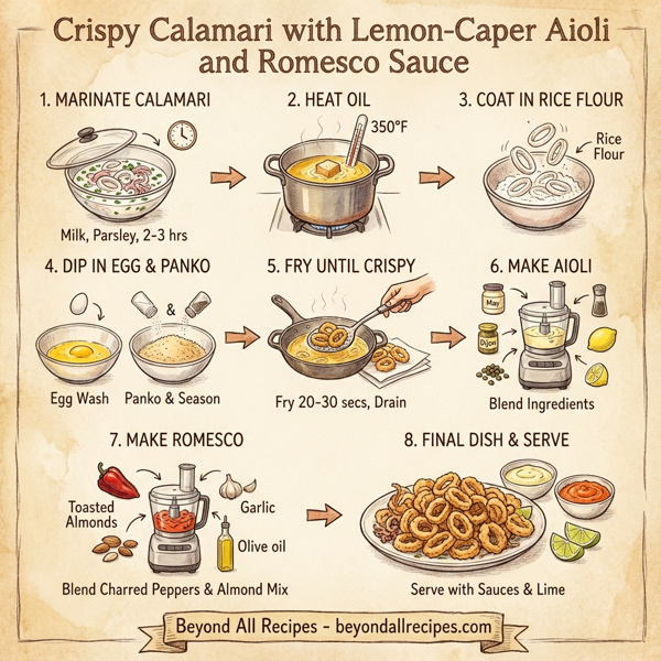 Crispy Calamari with Lemon-Caper Aioli and Romesco Sauce instructions