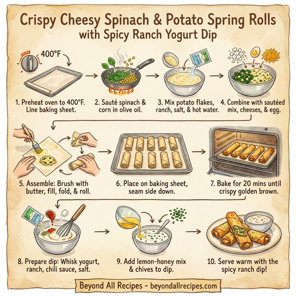 Crispy Cheesy Spinach & Potato Spring Rolls with Spicy Ranch Yogurt Dip instructions