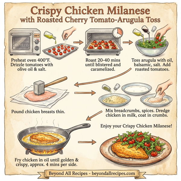 Crispy Chicken Milanese with Roasted Cherry Tomato-Arugula Toss instructions