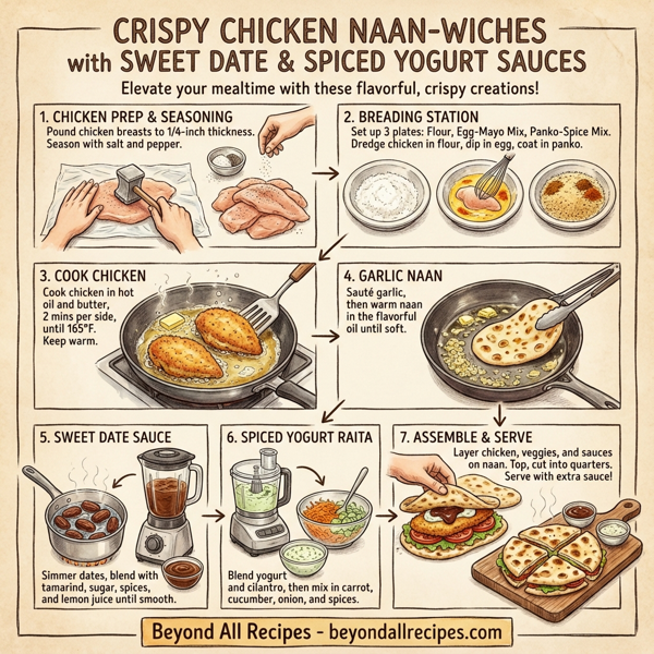 Crispy Chicken Naan-Wiches with Sweet Date and Spiced Yogurt Sauces instructions