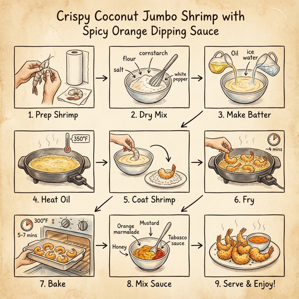 Crispy Coconut Jumbo Shrimp with Spicy Orange Dipping Sauce instructions