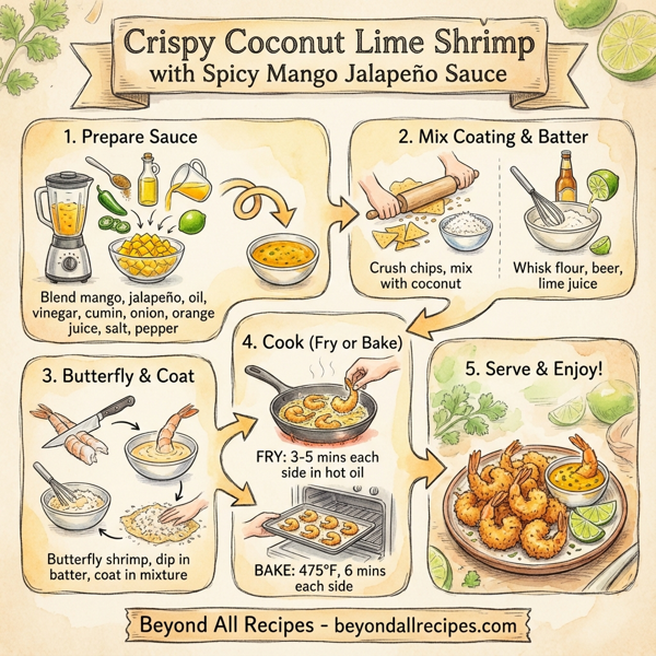 Crispy Coconut Lime Shrimp with Spicy Mango Jalapeño Sauce instructions