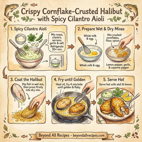 Crispy Cornflake-Crusted Halibut with Spicy Cilantro Aioli instructions