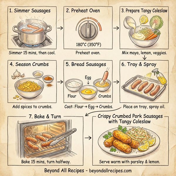 Crispy Crumbed Pork Sausages with Tangy Coleslaw instructions