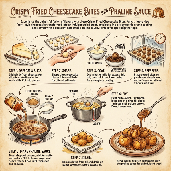 Crispy Fried Cheesecake Bites with Praline Sauce instructions