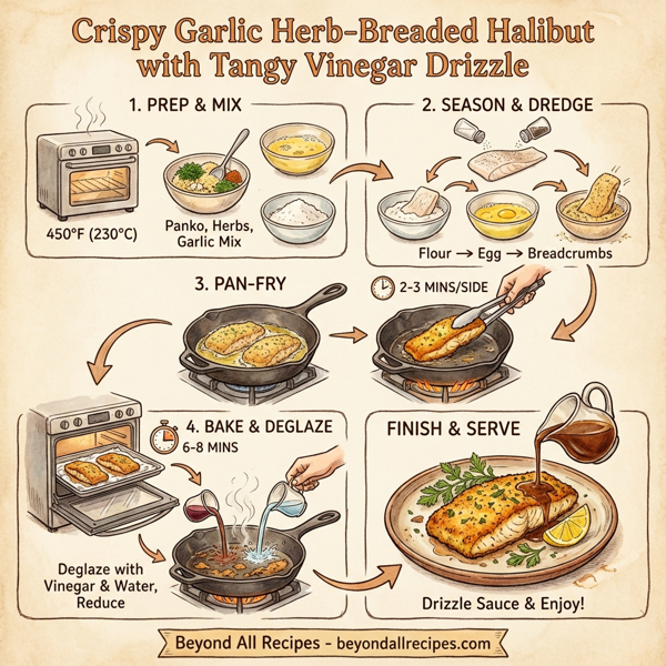 Crispy Garlic Herb-Breaded Halibut with Tangy Vinegar Drizzle instructions