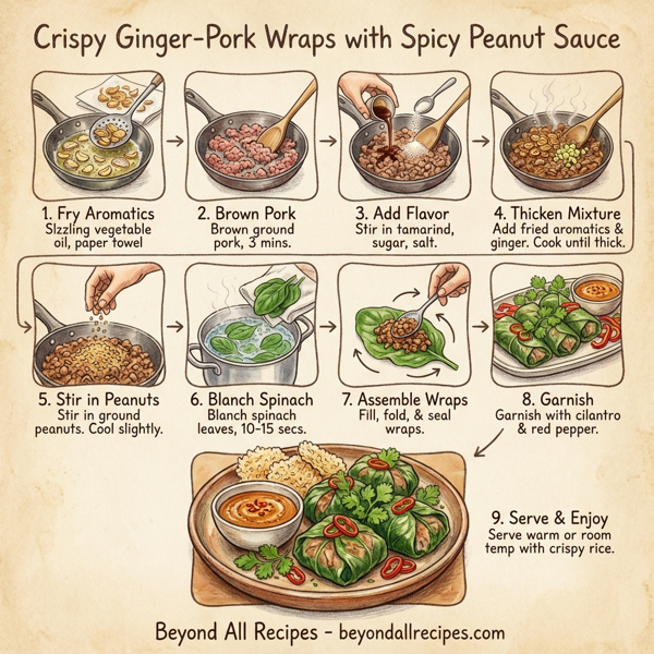 Crispy Ginger-Pork Wraps with Spicy Peanut Sauce instructions