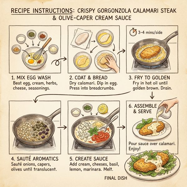 Crispy Gorgonzola Calamari Steak with Olive-Caper Cream Sauce instructions