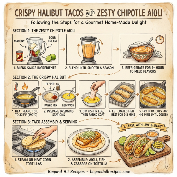 Crispy Halibut Tacos with Zesty Chipotle Aioli instructions