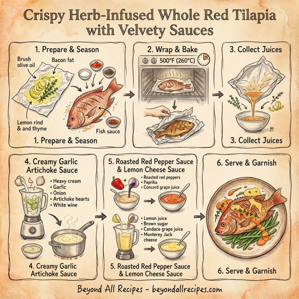 Crispy Herb-Infused Whole Red Tilapia with Velvety Sauces instructions