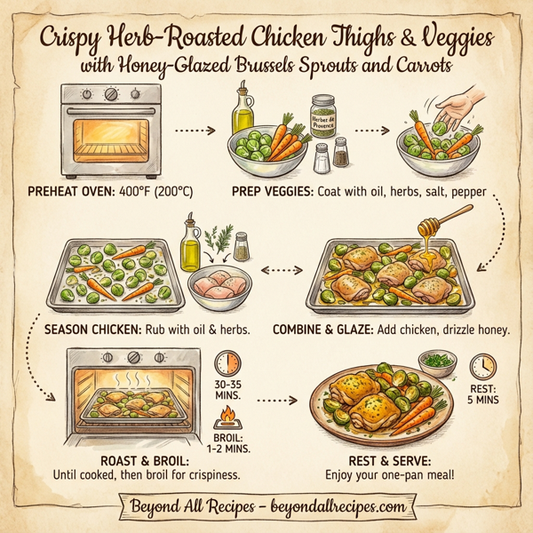 Crispy Herb-Roasted Chicken Thighs with Honey-Glazed Brussels Sprouts and Carrots instructions