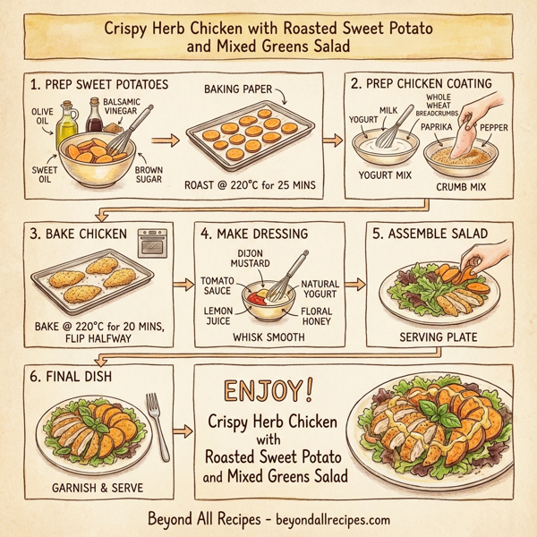 Crispy Herb Chicken with Roasted Sweet Potato and Mixed Greens Salad instructions