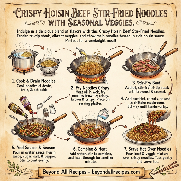 Crispy Hoisin Beef Stir-Fried Noodles with Seasonal Veggies instructions