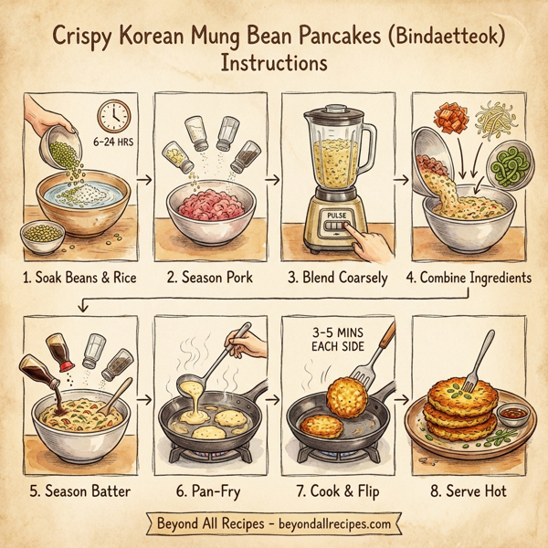 Crispy Korean Mung Bean Pancakes with Pork and Kimchi instructions