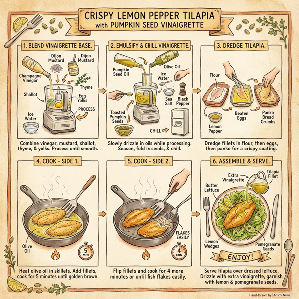 Crispy Lemon Pepper Tilapia with Pumpkin Seed Vinaigrette instructions