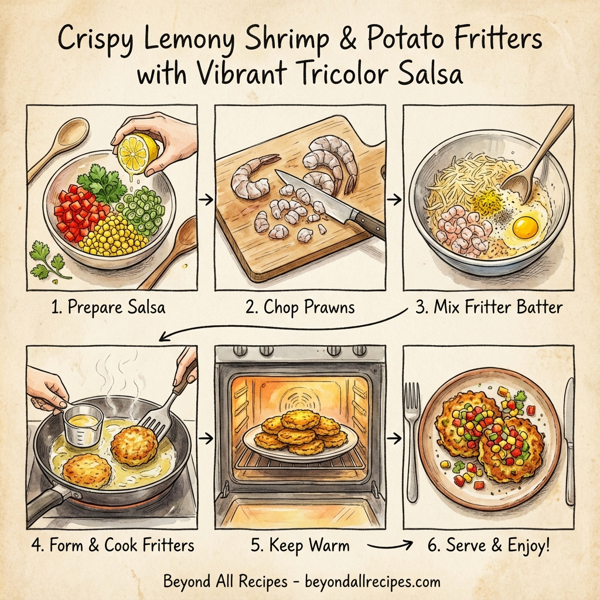 Crispy Lemony Shrimp & Potato Fritters with Vibrant Tricolor Salsa instructions