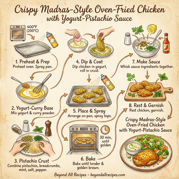 Crispy Madras-Style Oven-Fried Chicken with Yogurt-Pistachio Sauce instructions