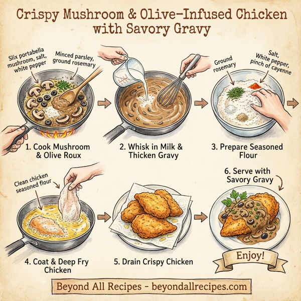 Crispy Mushroom & Olive-Infused Chicken with Savory Gravy instructions