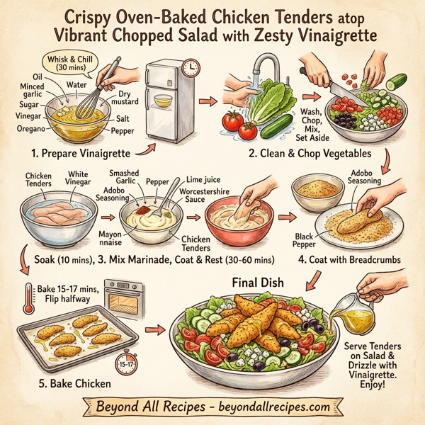 Crispy Oven-Baked Chicken Tenders atop Vibrant Chopped Salad with Zesty Vinaigrette instructions