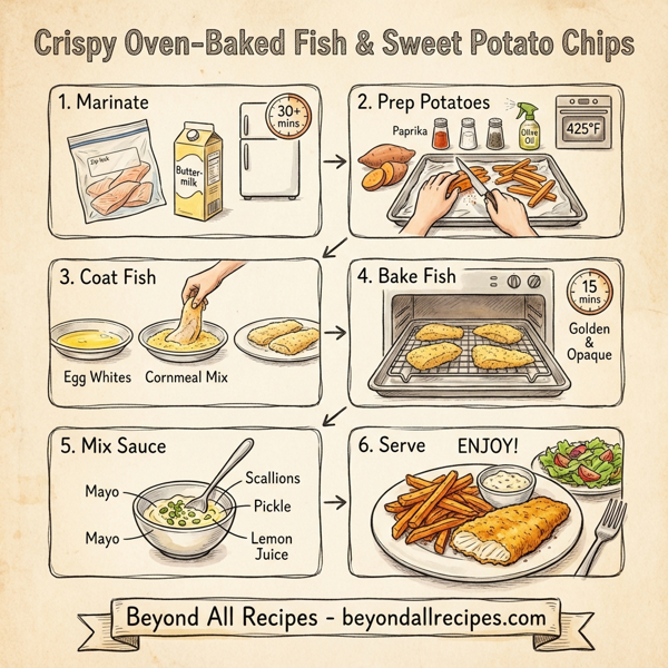 Crispy Oven-Baked Fish and Sweet Potato Chips instructions
