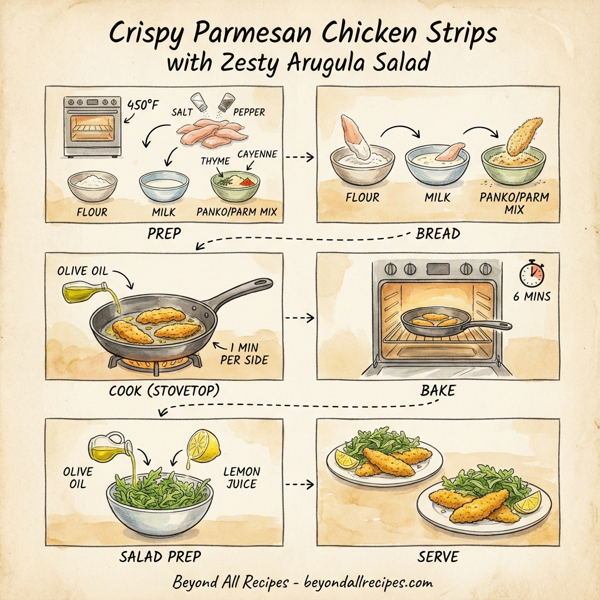 Crispy Parmesan Chicken Strips with Zesty Arugula Salad instructions