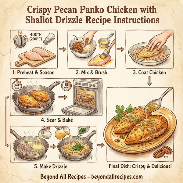 Crispy Pecan Panko Chicken with Shallot Drizzle instructions
