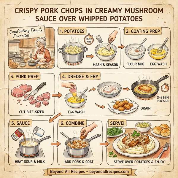Crispy Pork Chops in Creamy Mushroom Sauce over Whipped Potatoes instructions