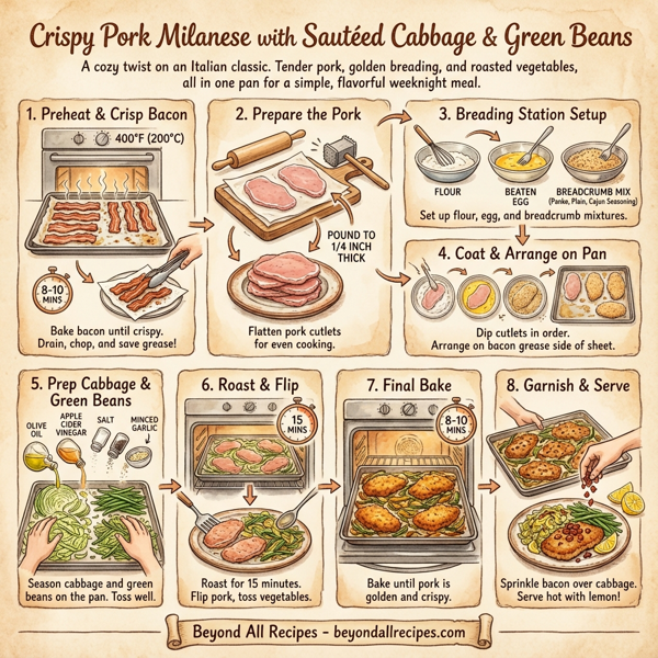 Crispy Pork Milanese with Sautéed Cabbage and Green Beans instructions